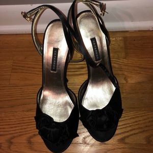 Euc black silk caparros open toe heels-size 8